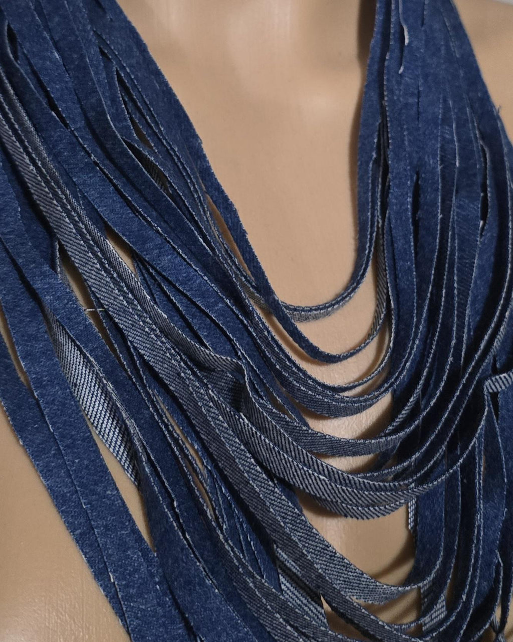 Handmade Layered Denim Necklace and Earring Set, Eco-Friendly Statement Jewelry