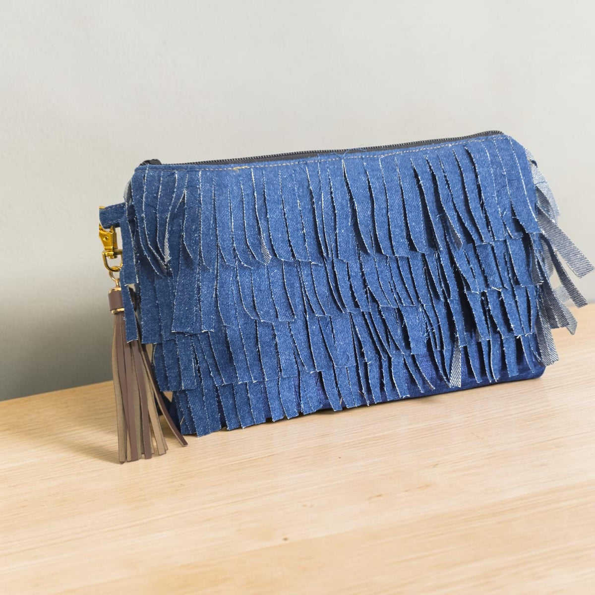 Handcrafted Denim Fringe Zipper Pouch, Boho Wristlet Clutch Bag