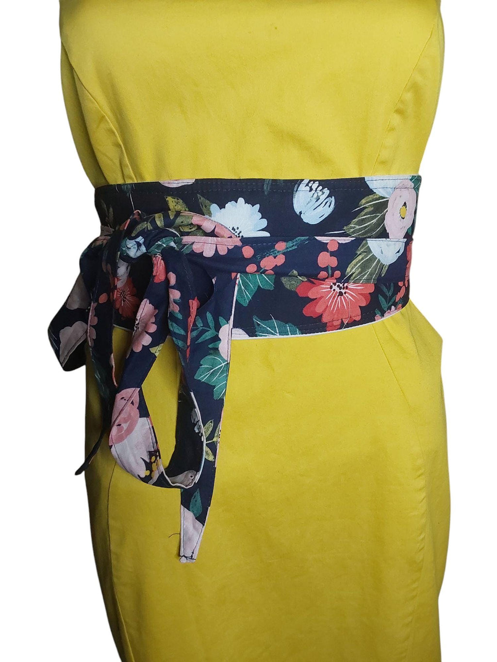 Handmade Reversible Obi Belt: Floral Wrap Waist Tie - Dark Blue