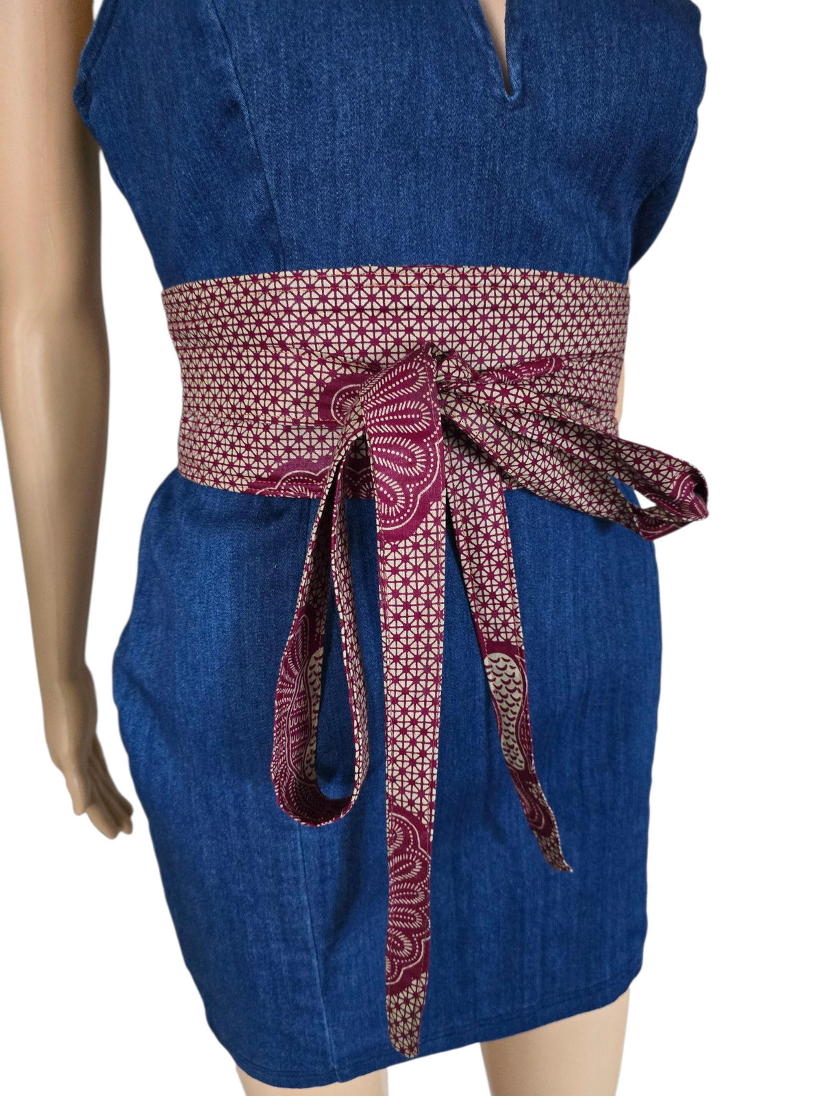 African Print Obi Belt: Handmade Burgundy Cream Geometric Waist Cincher