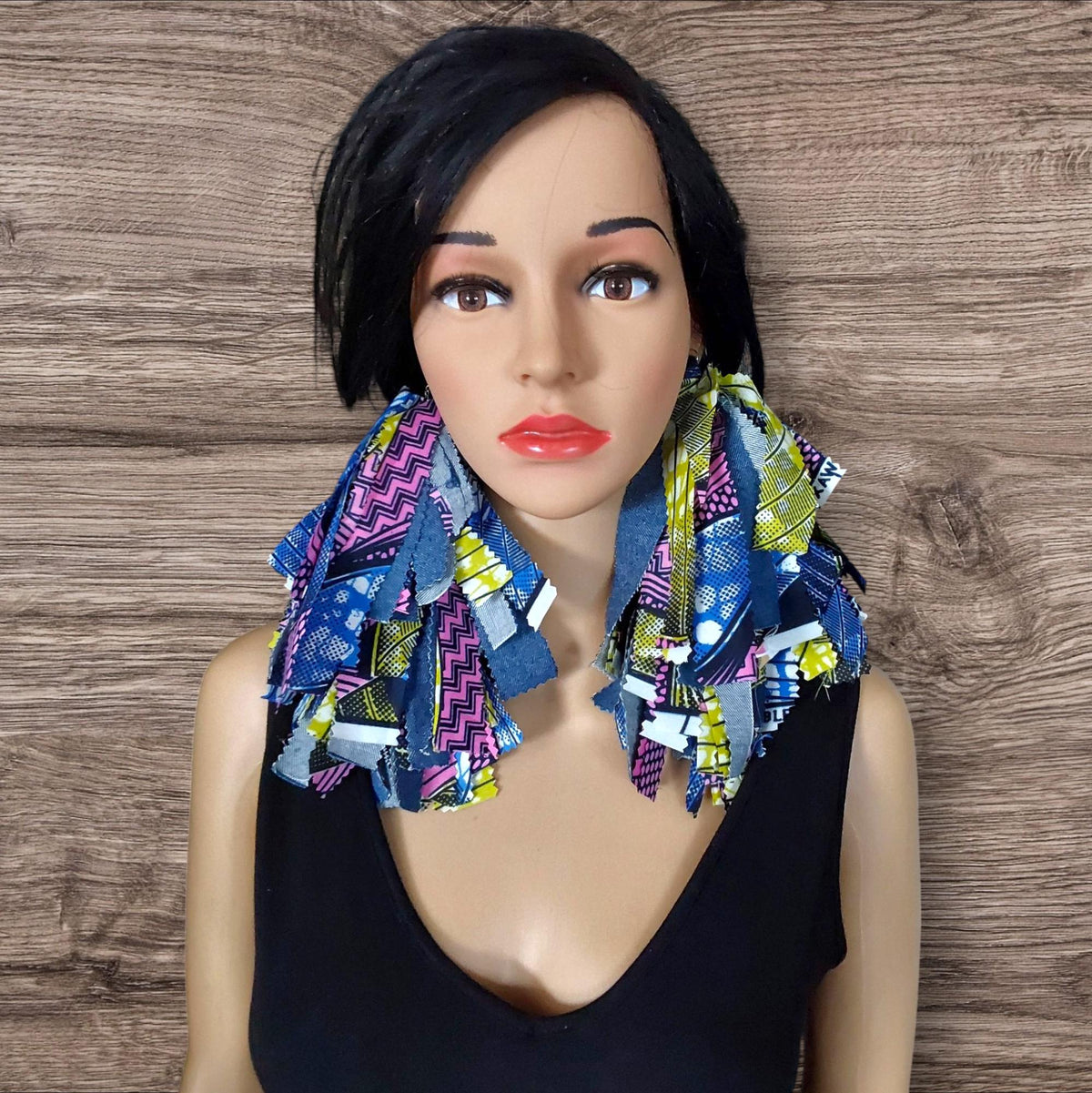 Handmade Denim Tassel Earrings: Mixed African Fabric, Boho Chic