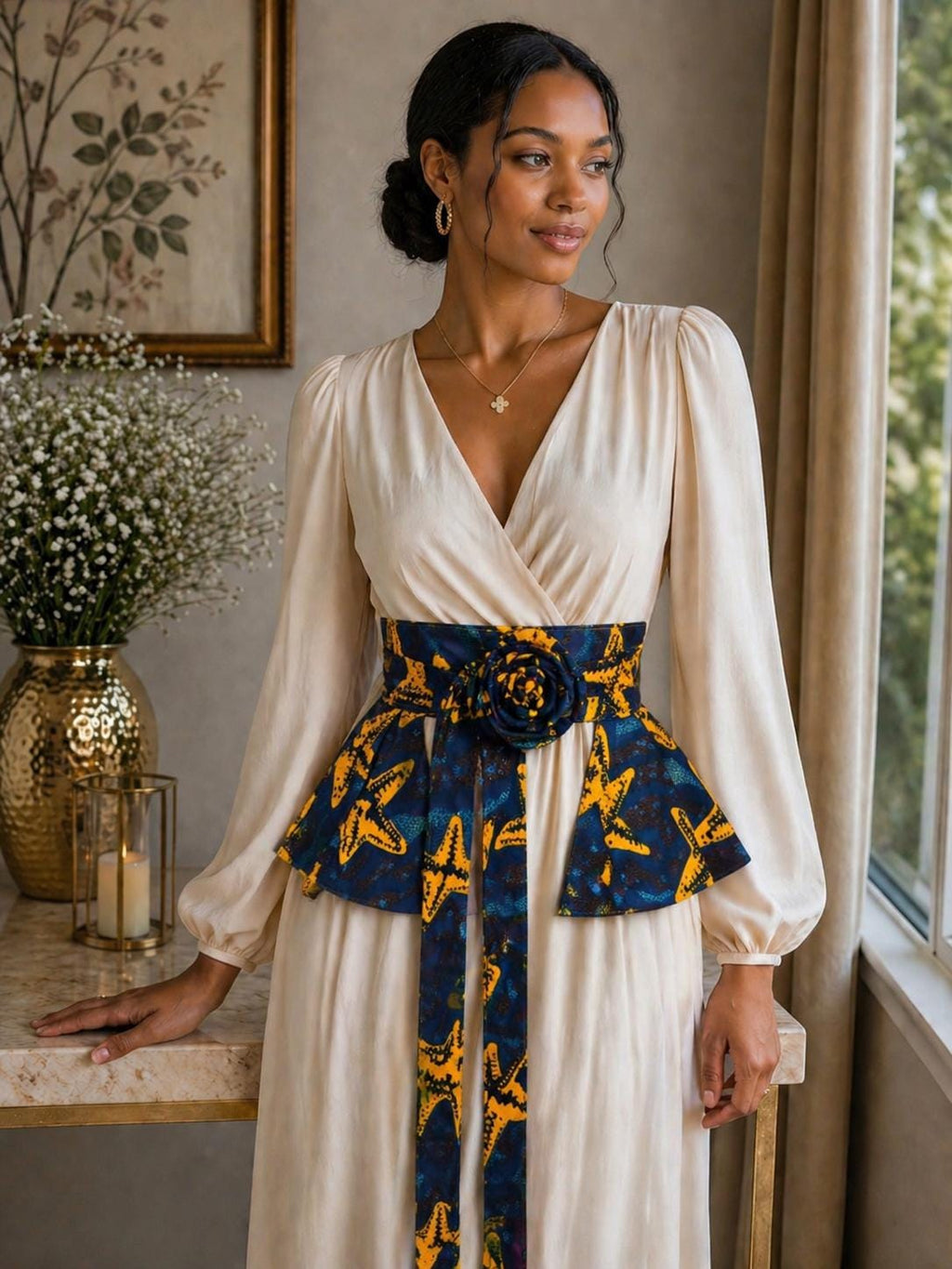 Handmade African Print Peplum Belt, Reversible Waist Cincher with Floral Accent