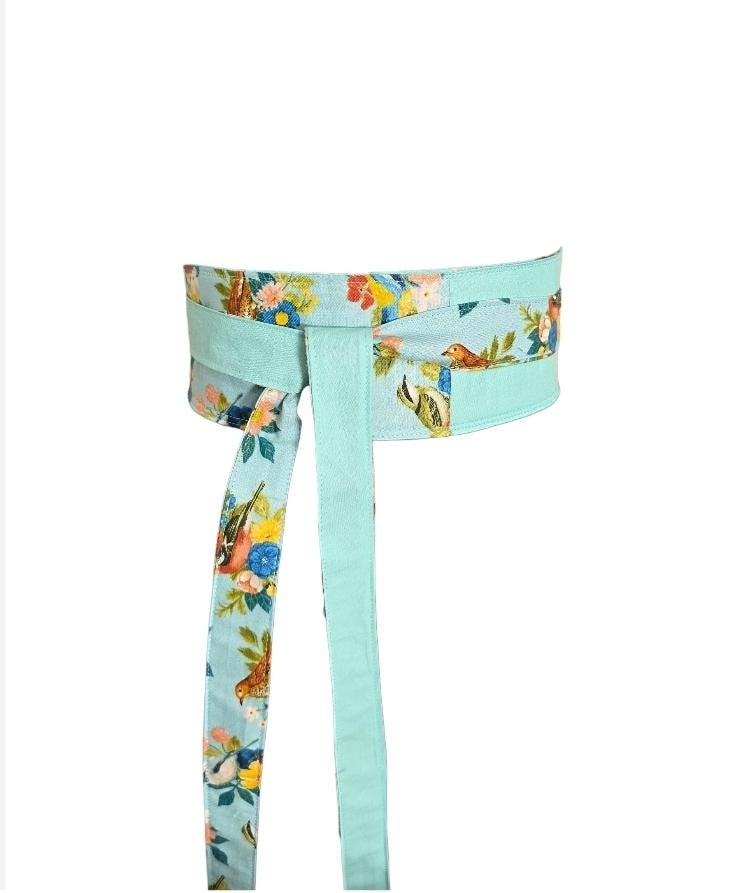 Handmade Reversible Floral Bird Wrap Belt – Mint Green Cotton Accessory