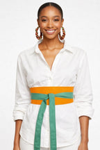 Green Orange Reversible Obi Belt, Handmade Cotton Waist Wrap, African Inspired Fashion
