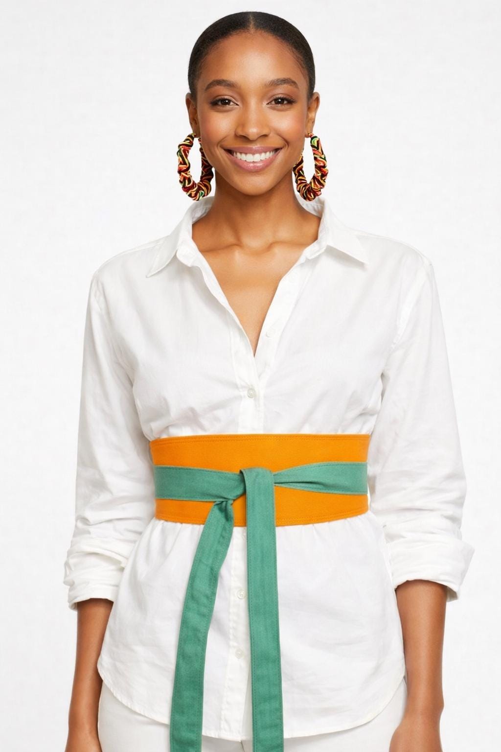Green Orange Reversible Obi Belt, Handmade Cotton Waist Wrap, African Inspired Fashion