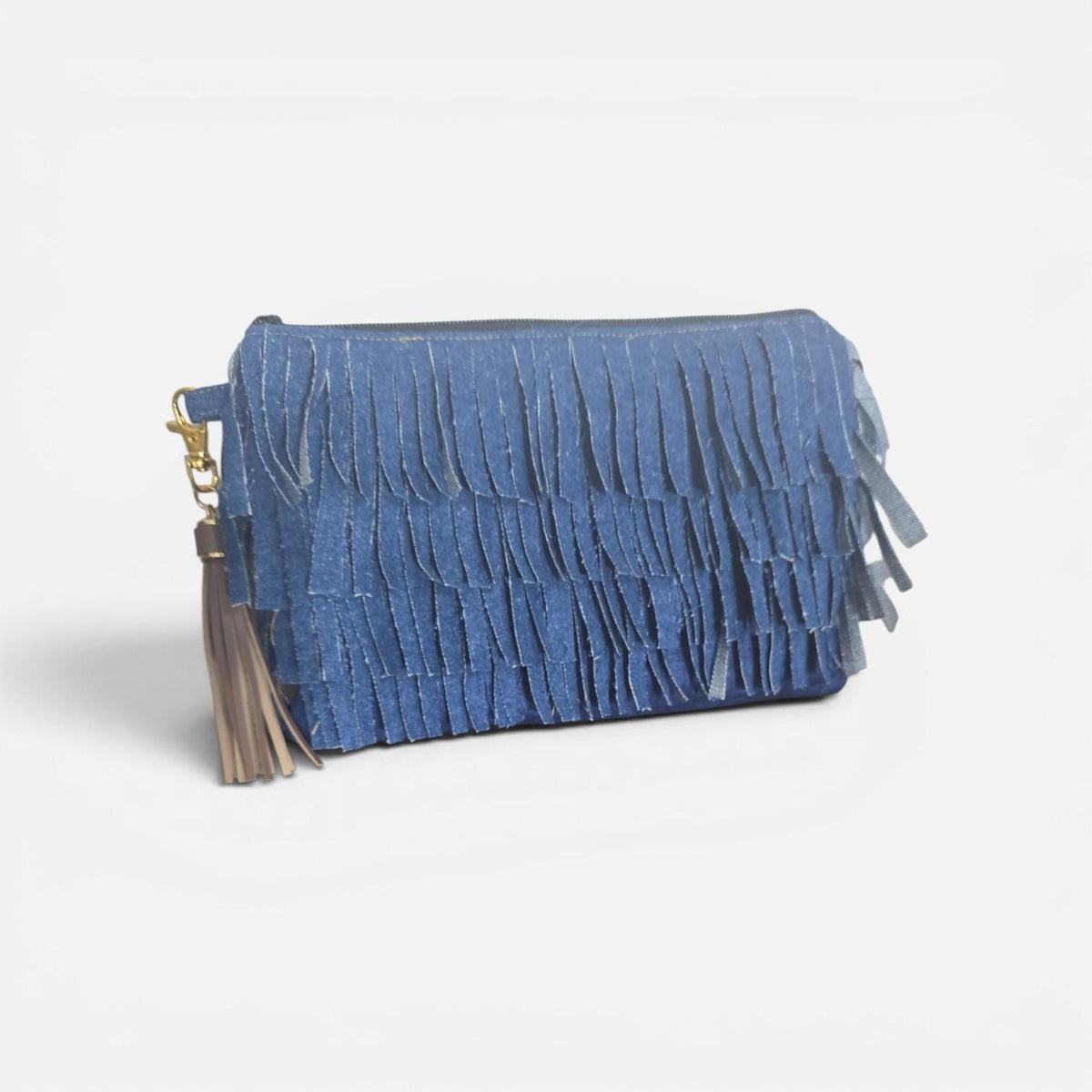 Handcrafted Denim Fringe Zipper Pouch, Boho Wristlet Clutch Bag