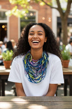 Handcrafted African Print Fabric Strip Necklace: Boho Denim Bib