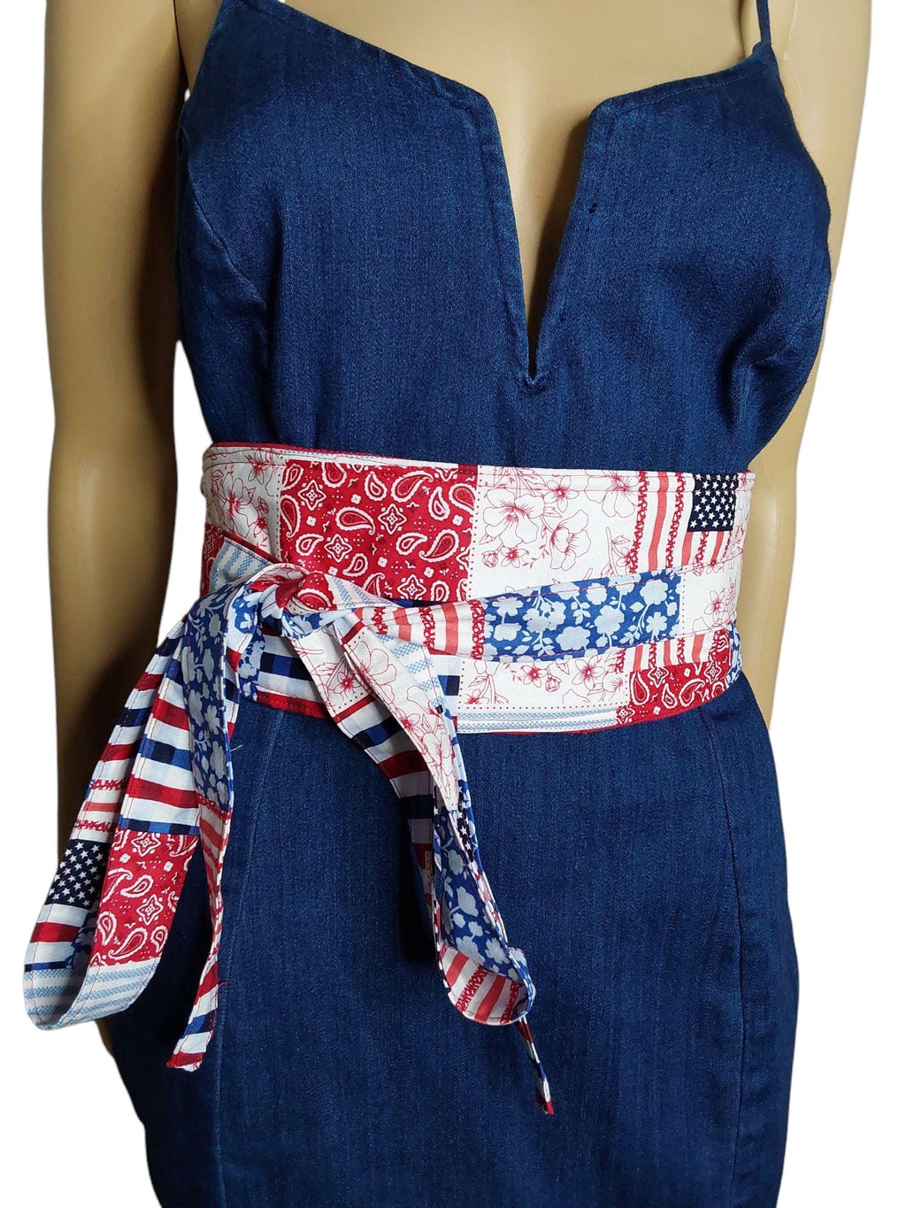 Red, White & Blue Patriotic Obi Belt – Handmade Reversible Cotton Wrap Waist Tie