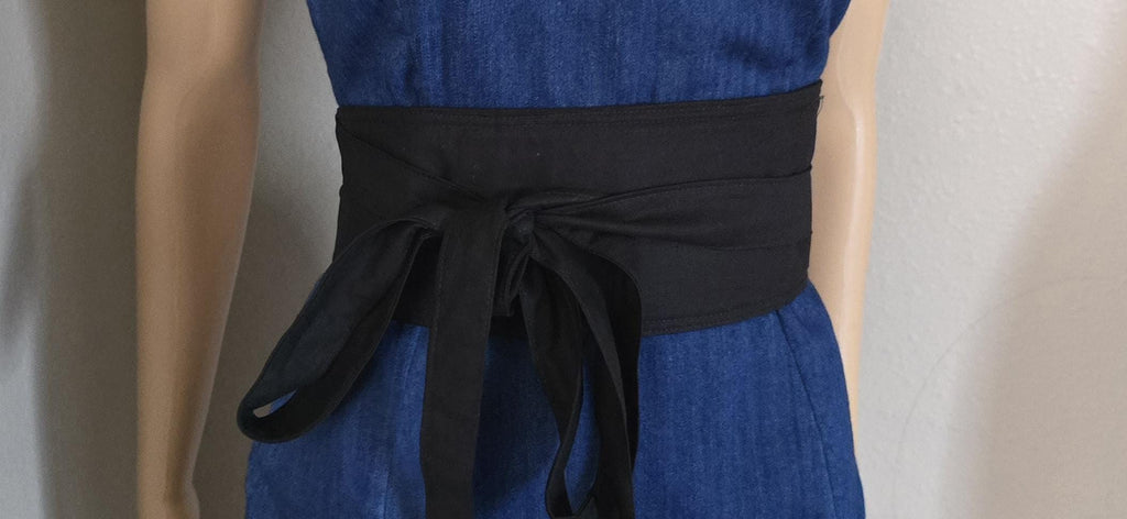 Handmade Black Cotton Obi Belt: Adjustable Waist Wrap Tie