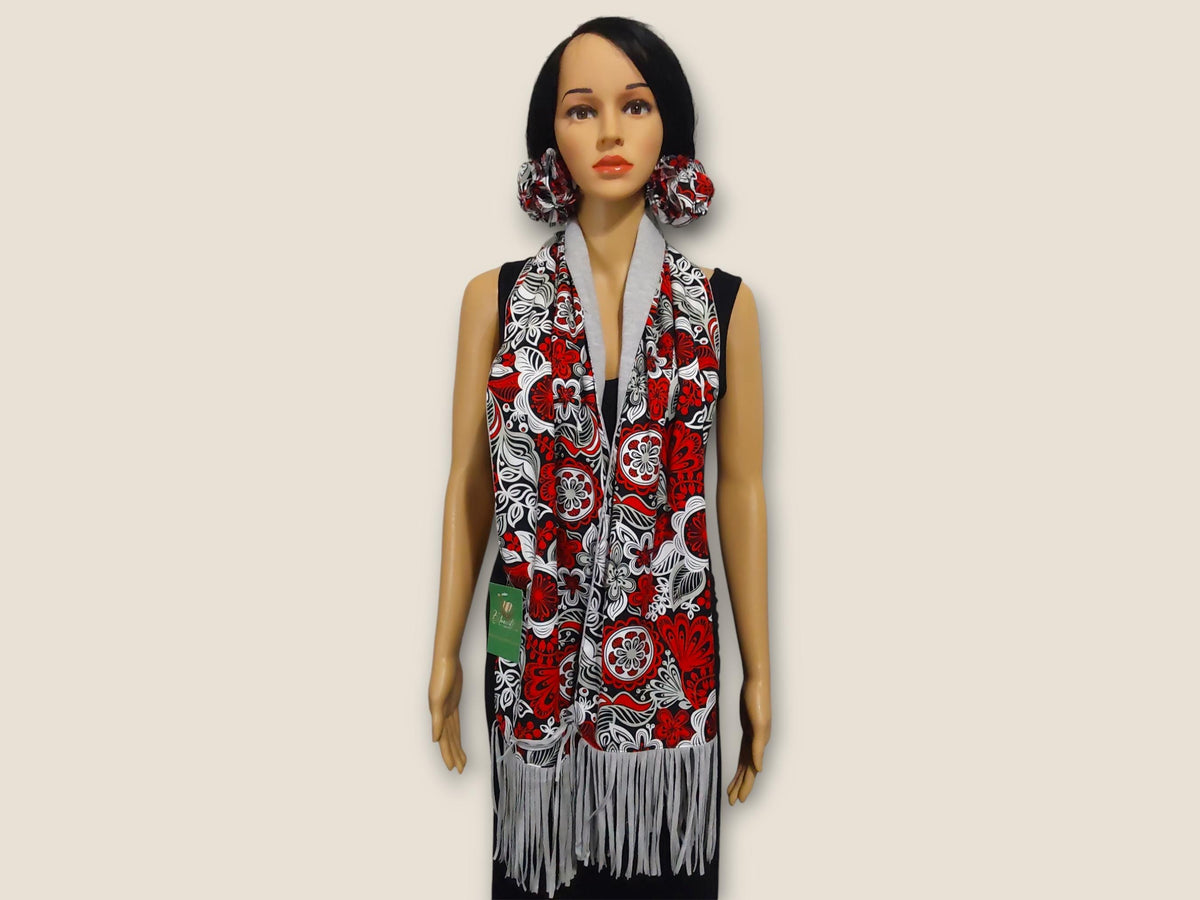 Handmade Floral Scarf: Red White Cotton Blend with Fringe