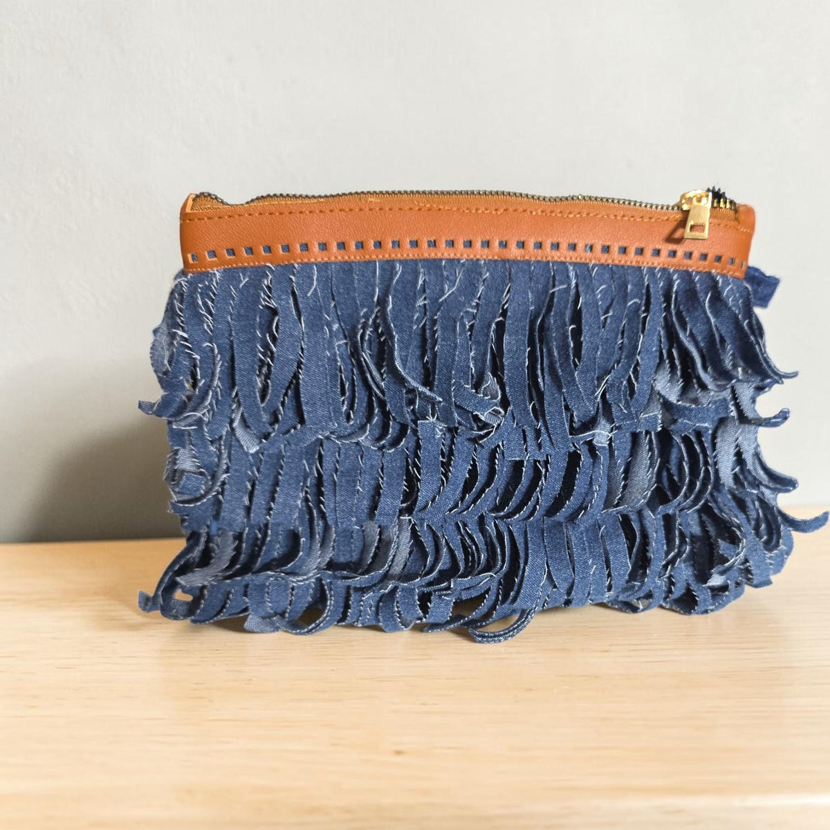Handcrafted Denim Fringe Zipper Pouch, Boho Wristlet Clutch Bag