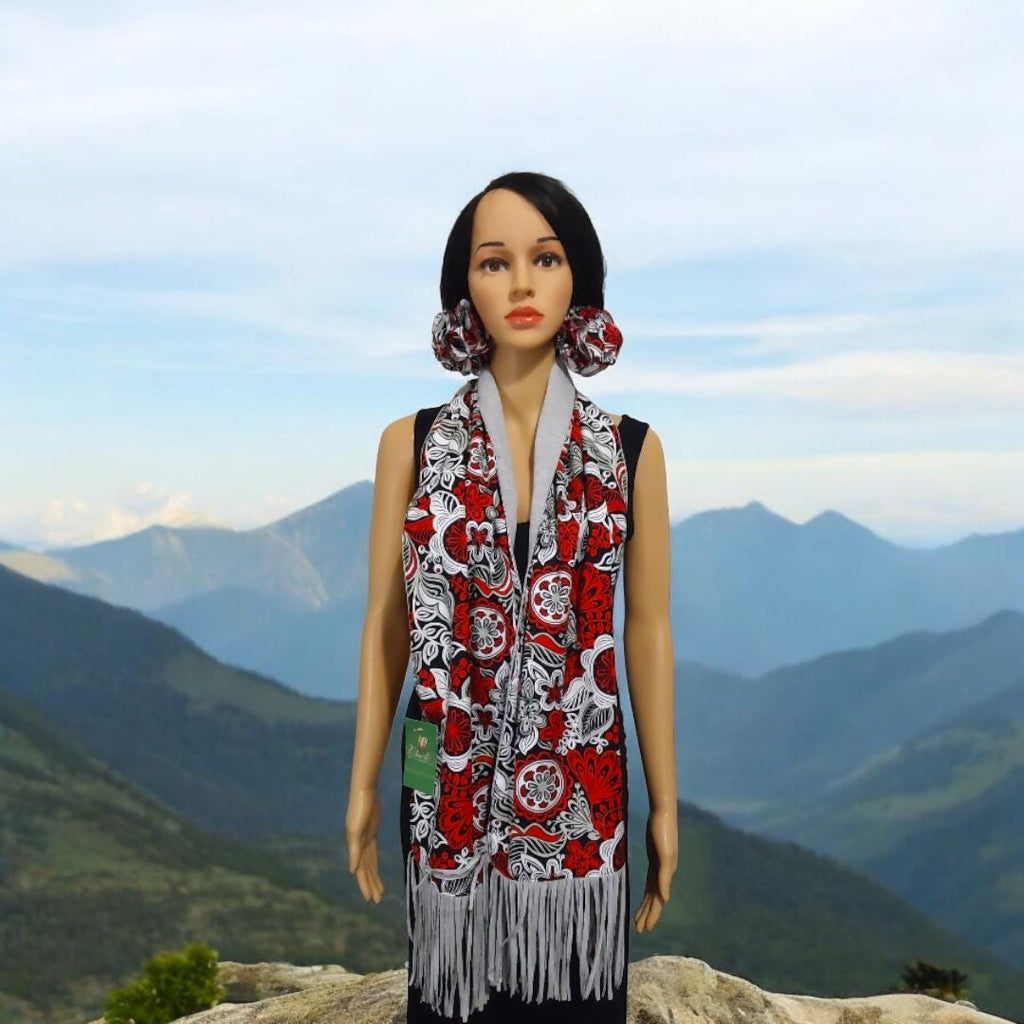 Handmade Floral Scarf: Red White Cotton Blend with Fringe