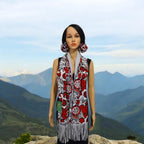 Handmade Floral Scarf: Red White Cotton Blend with Fringe