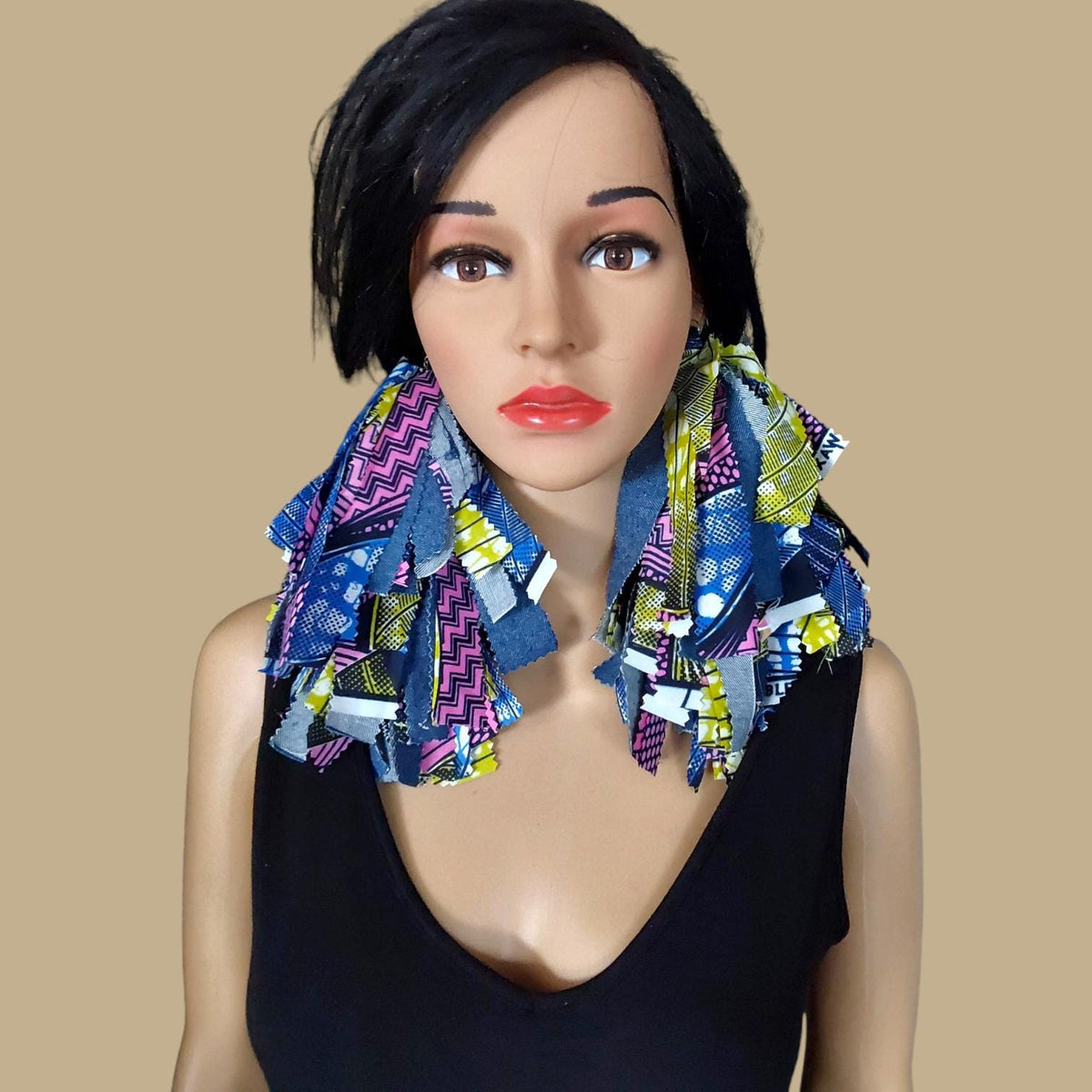 Handmade Denim Tassel Earrings: Mixed African Fabric, Boho Chic