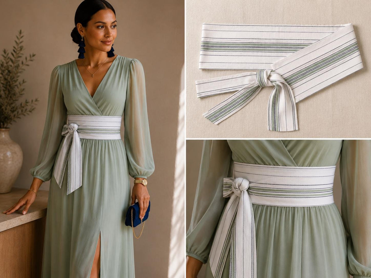 Handmade White & Sage Green Wrap Belt | Textured Woven Cotton Fabric Obi Belt | Minimalist Fashion