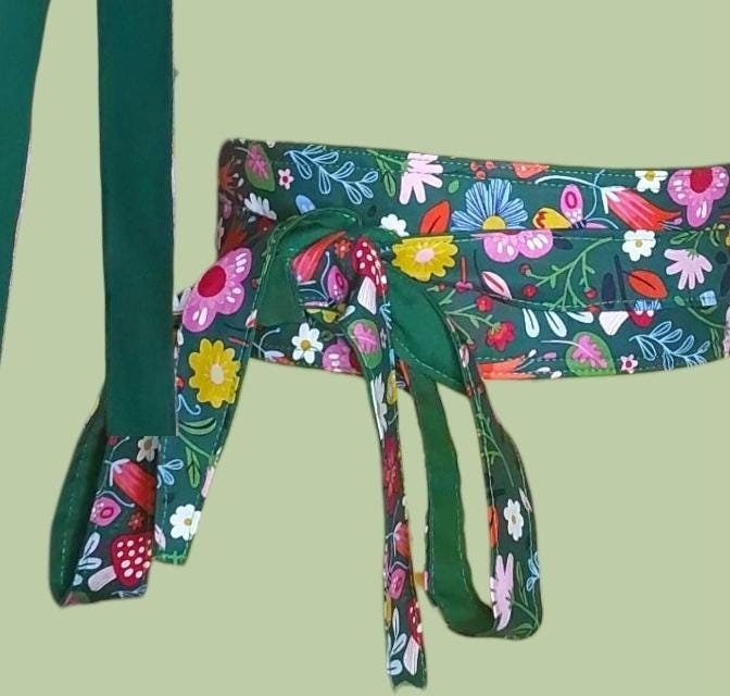 Handmade Floral Obi Belt: Green & Pink Reversible Cotton Waist Wrap