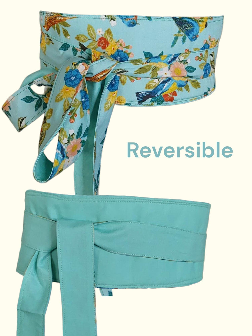 Reversible Obi Belt: Handmade Cotton Floral Bird Print Waist Wrap