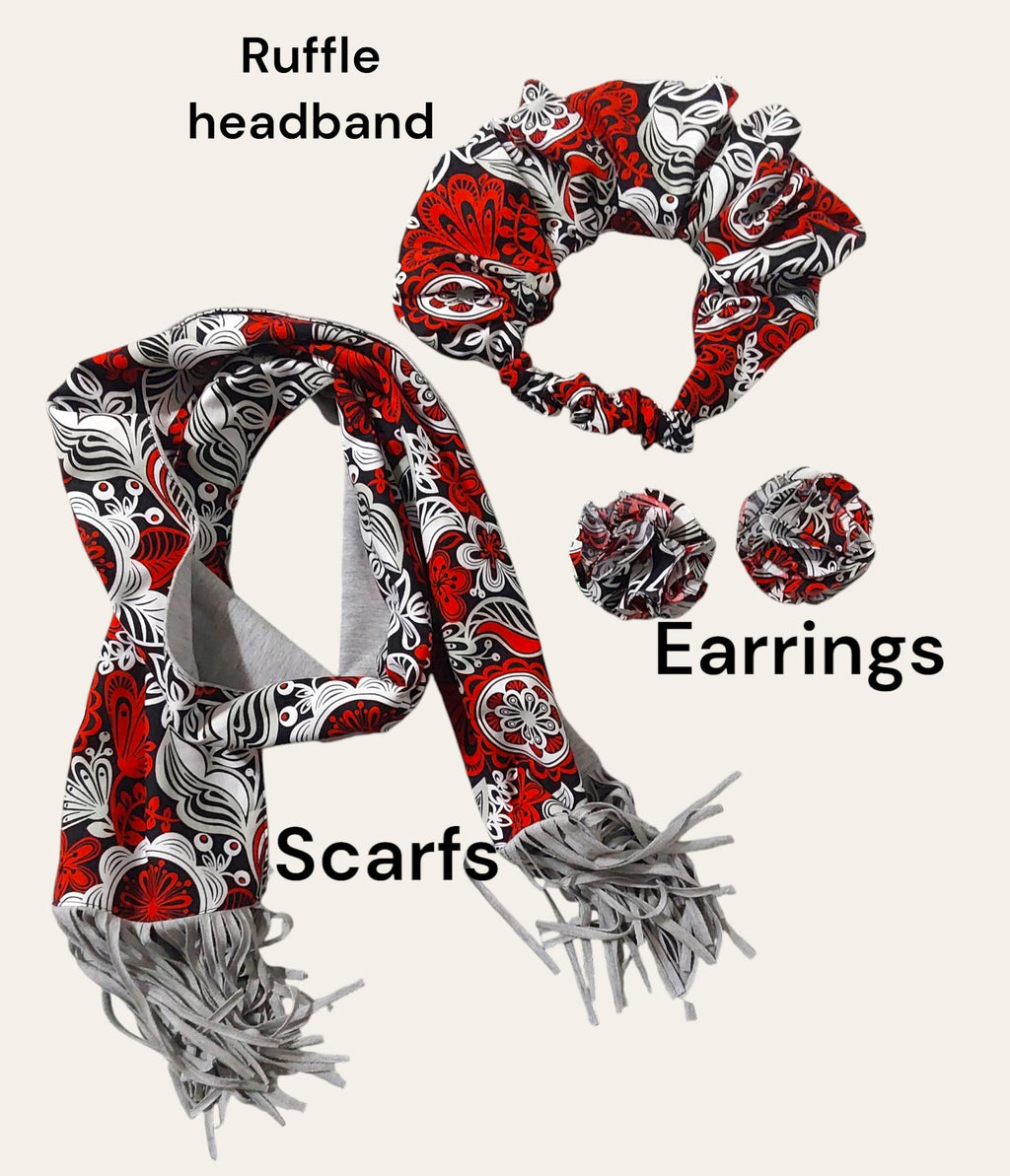 Handmade Floral Scarf: Red White Cotton Blend with Fringe