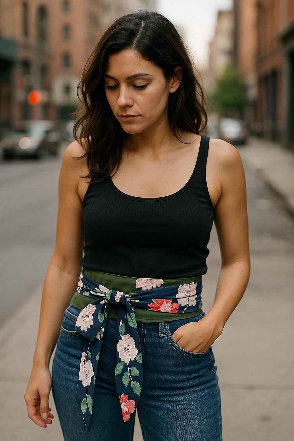 Handmade Reversible Obi Belt: Floral Wrap Waist Tie - Dark Blue