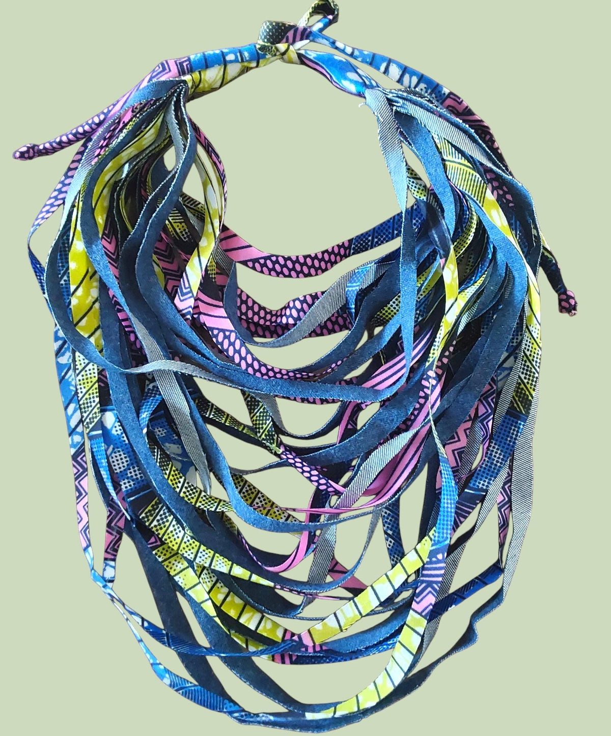 Handcrafted African Print Fabric Strip Necklace: Boho Denim Bib