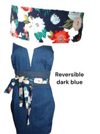 Handmade Reversible Obi Belt: Floral Wrap Waist Tie - Dark Blue