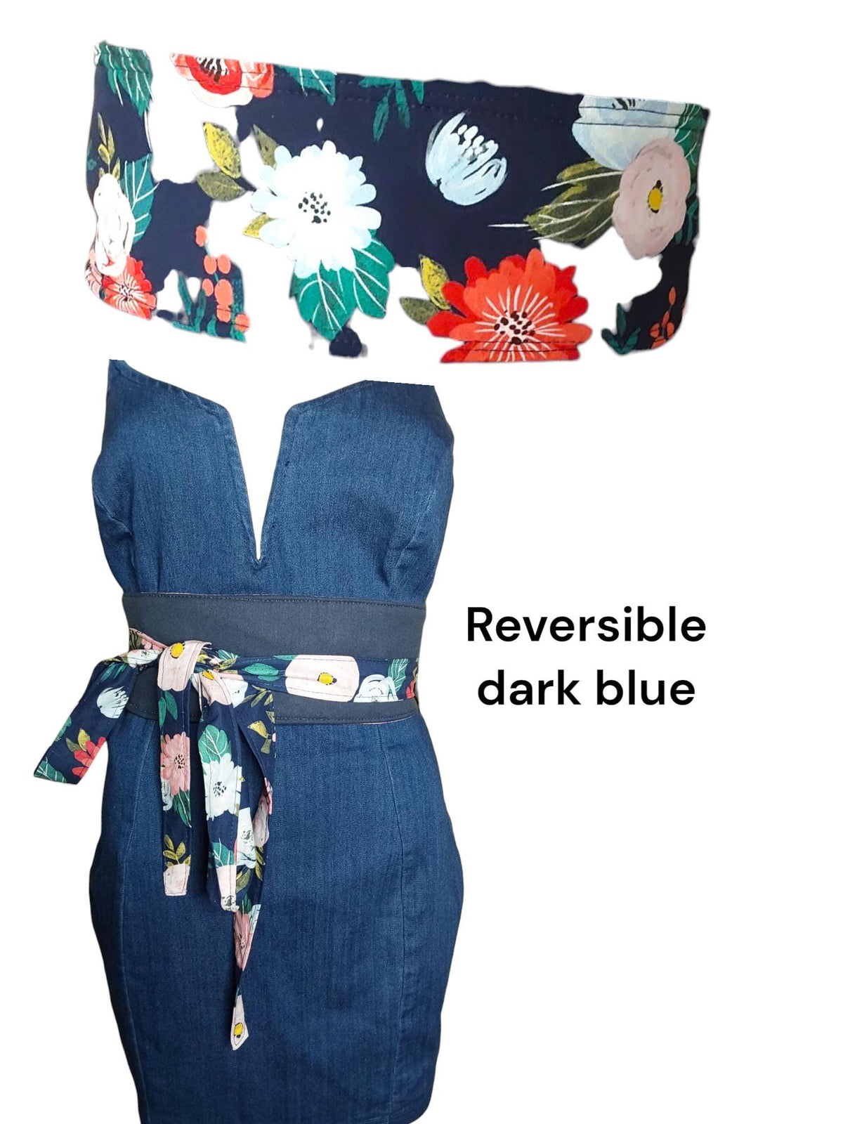 Handmade Reversible Obi Belt: Floral Wrap Waist Tie - Dark Blue