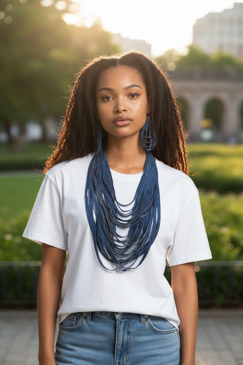 Handmade Layered Denim Necklace and Earring Set, Eco-Friendly Statement Jewelry