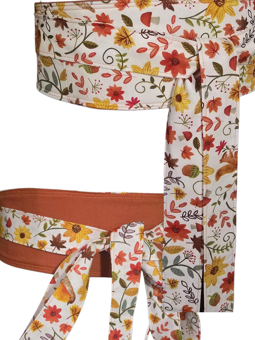 Reversible Fall Floral Obi Belt – Handmade Wrap Belt in Mustard, Green, and Autumn Blooms