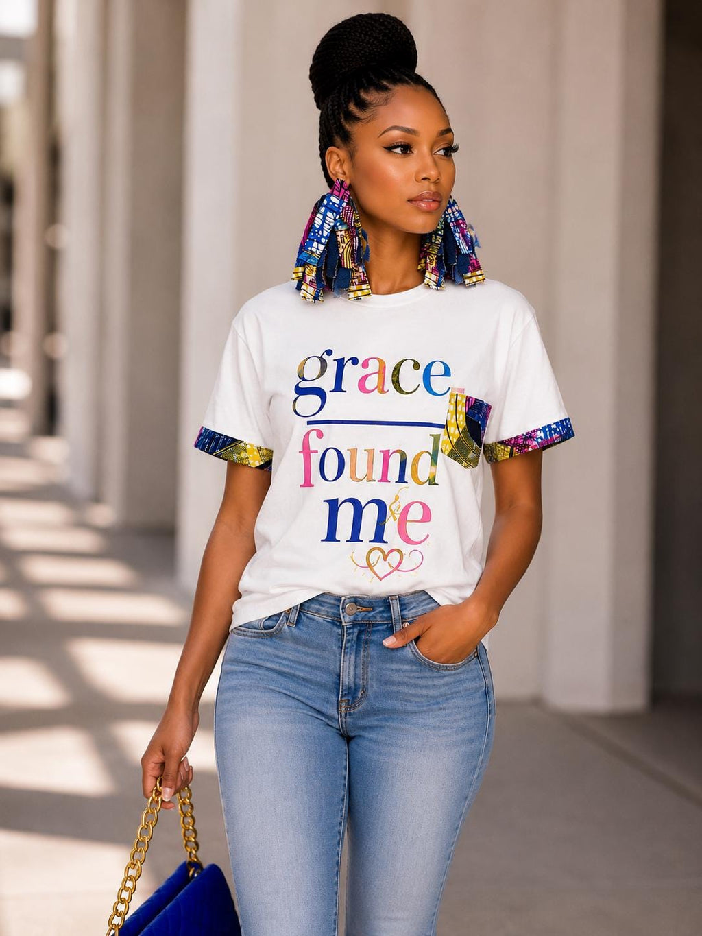 Grace Found Me – Handmade African Print Patchwork Christian T-Shirt