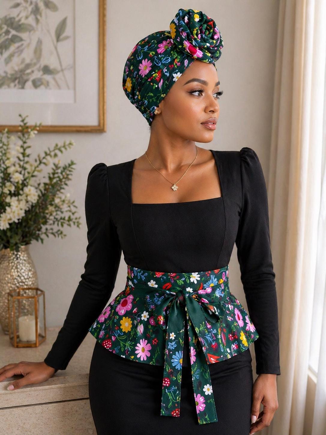 Handmade Floral Obi Belt: Green & Pink Reversible Cotton Waist Wrap