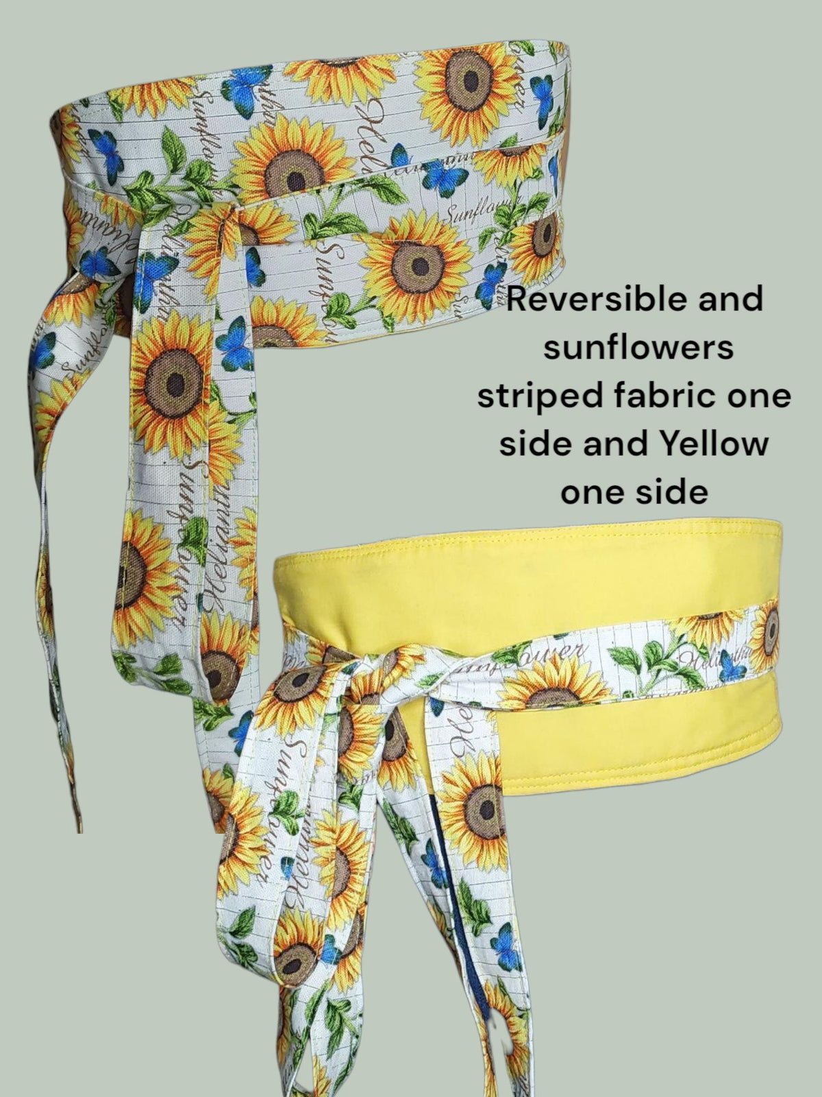 Reversible Sunflower Obi Belt – Handmade Wrap Belt with Yellow & Floral Cotton