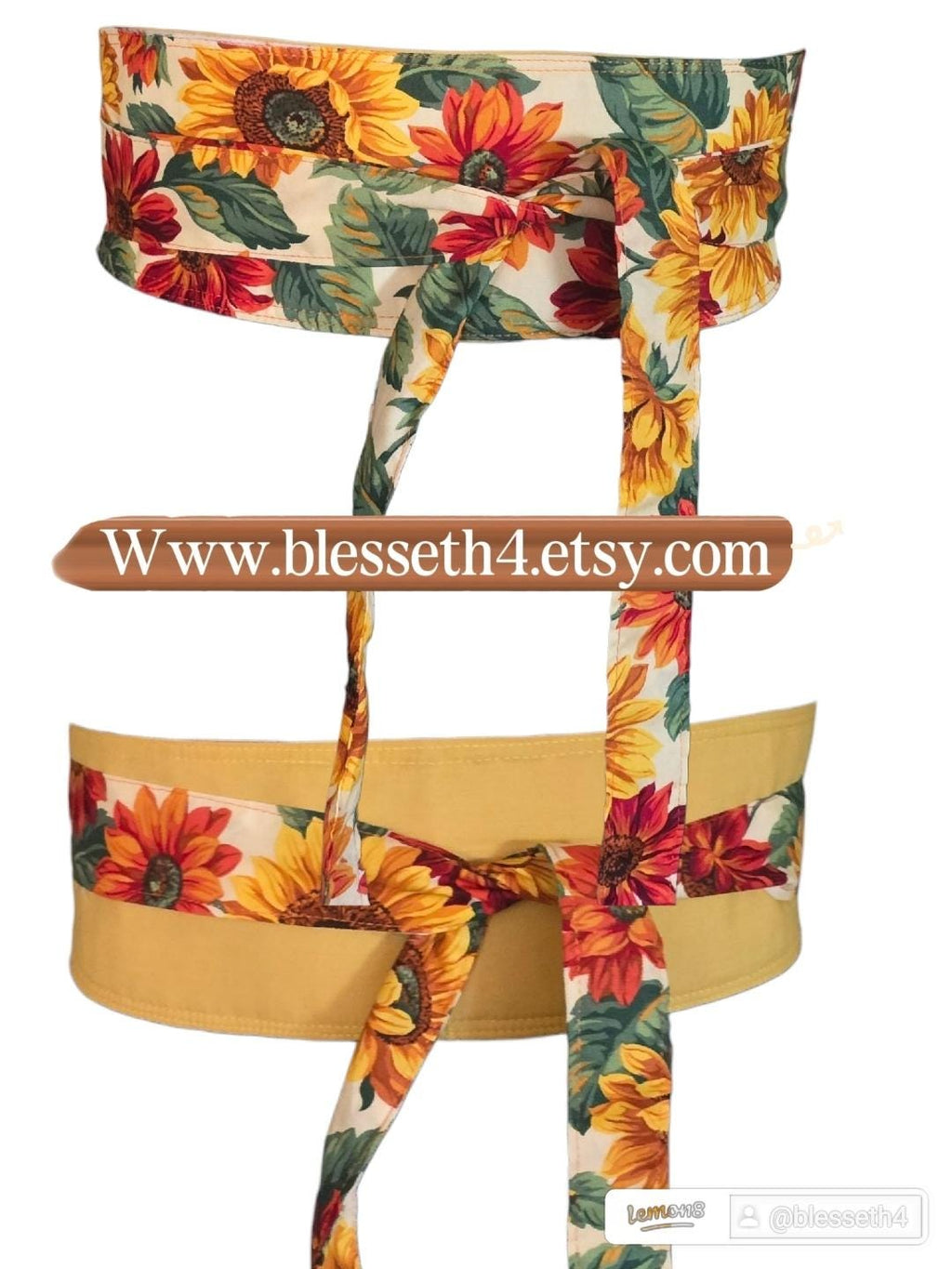 Reversible Sunflower Obi Belt: Handmade Cotton Wrap Waist Sash