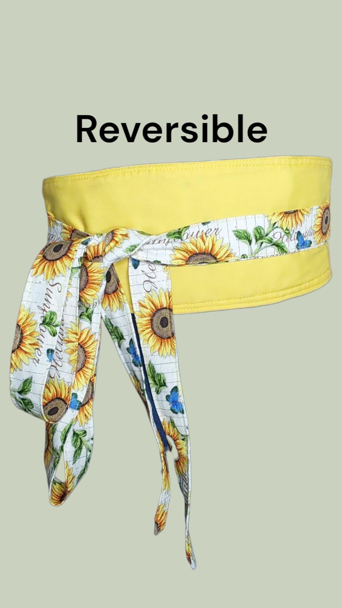 Reversible Sunflower Obi Belt – Handmade Wrap Belt with Yellow & Floral Cotton
