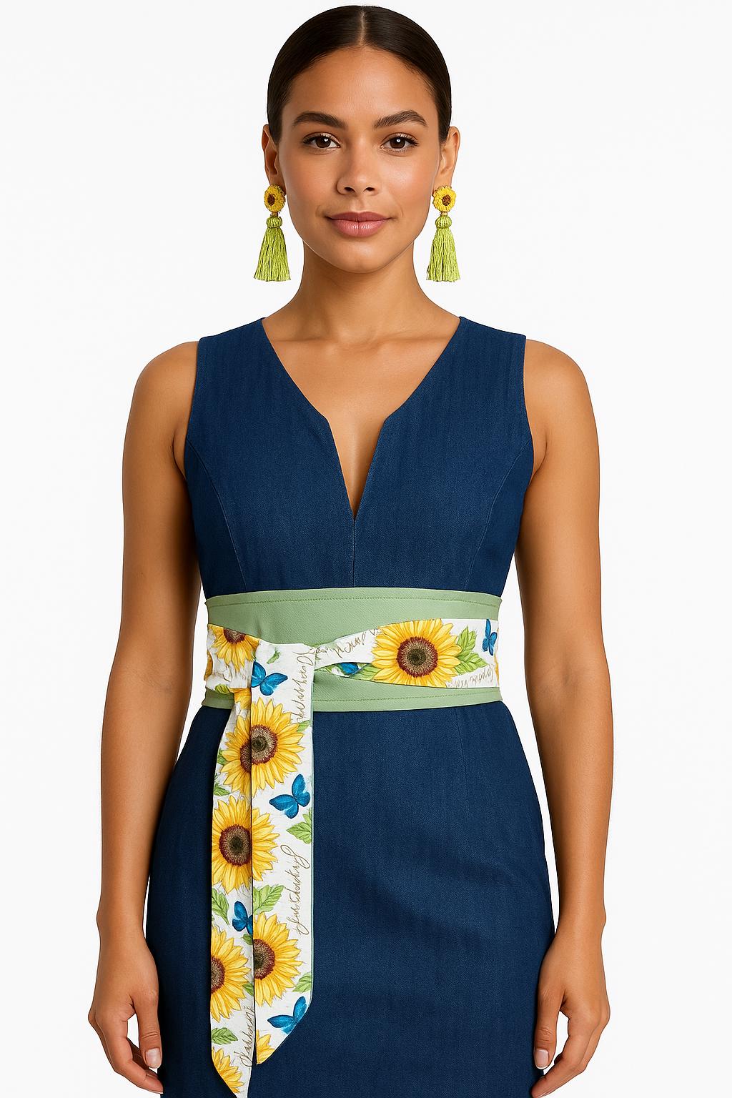Reversible Sunflower Obi Belt – Handmade Wrap Belt with Yellow & Floral Cotton