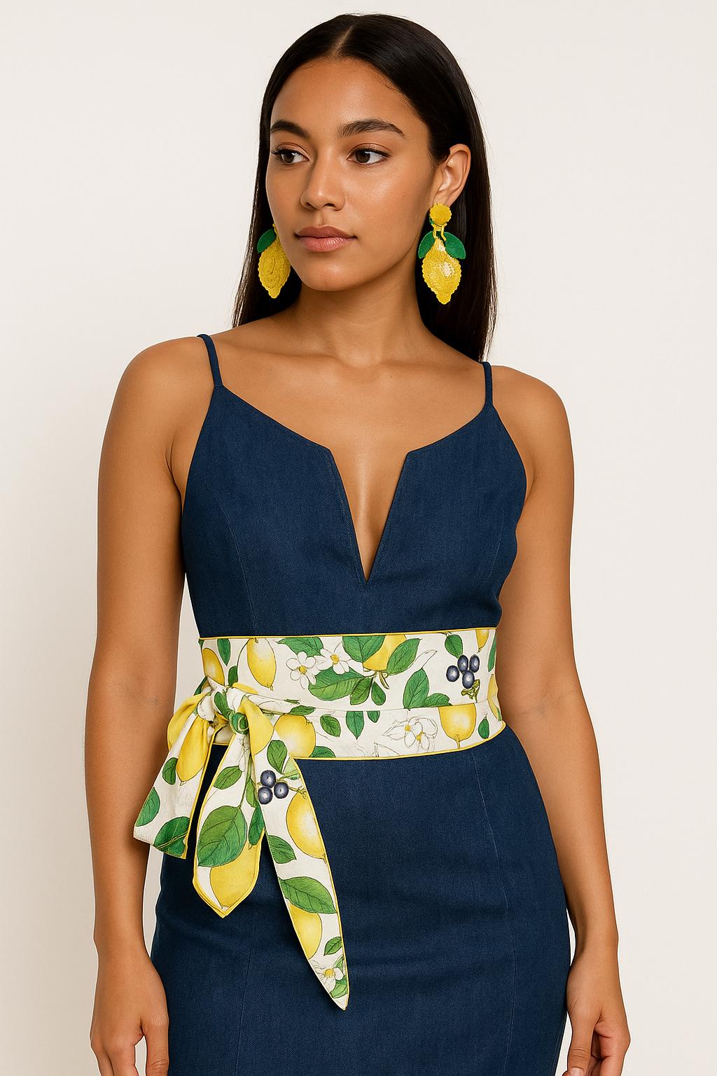 Lemon Print Obi Belt: Reversible Cotton Wrap Sash