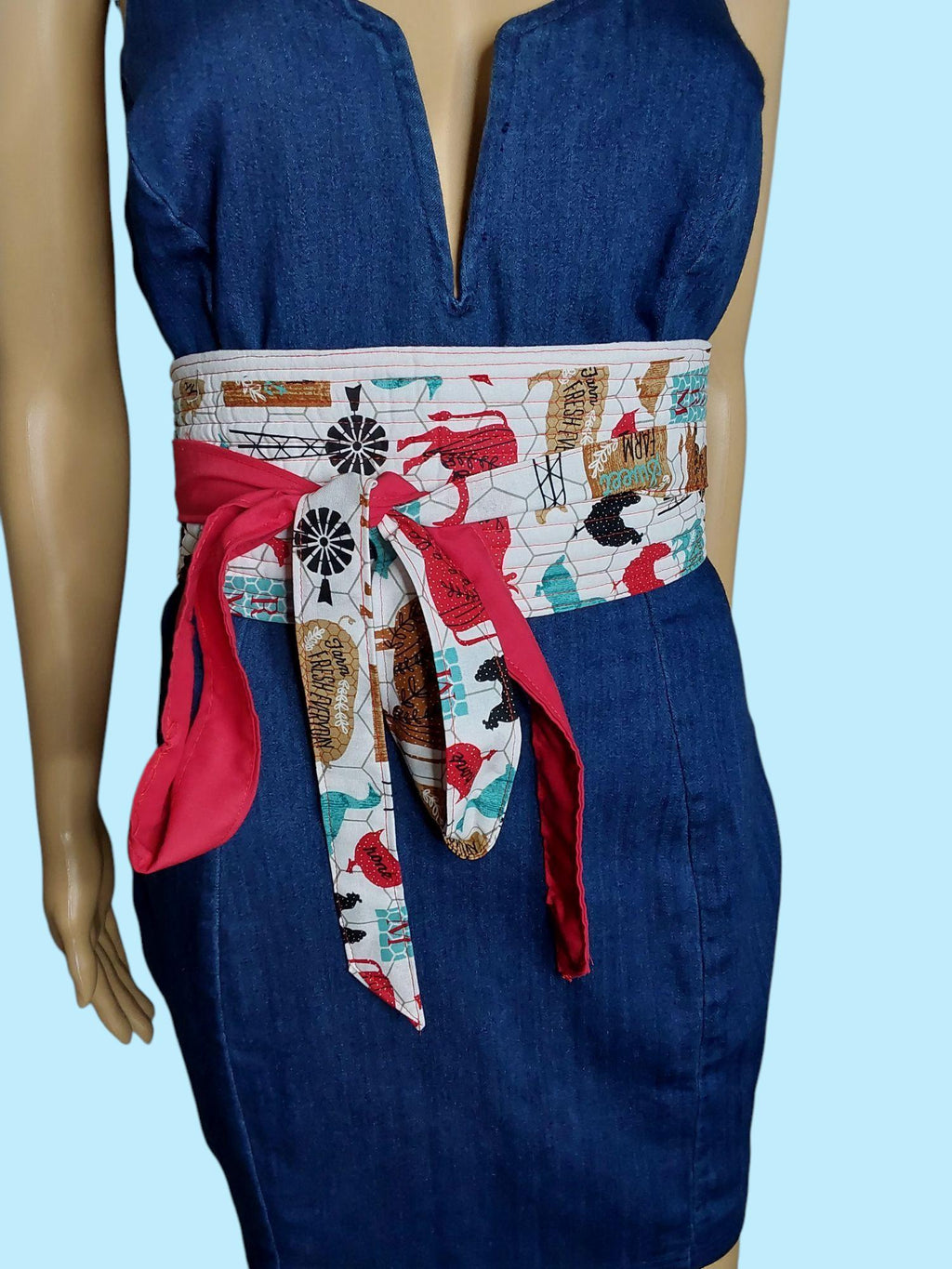 Reversible Obi Belt: Travel Print & Solid Red Cotton Waist Wrap