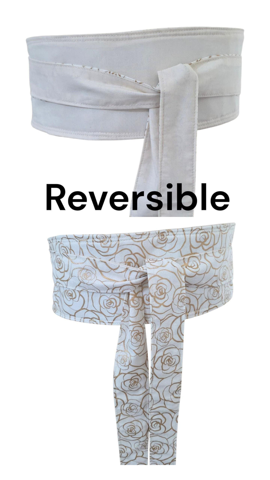 Reversible Gold Rose Floral Obi Belt – Cream Wrap Waist Accessory (Handmade)