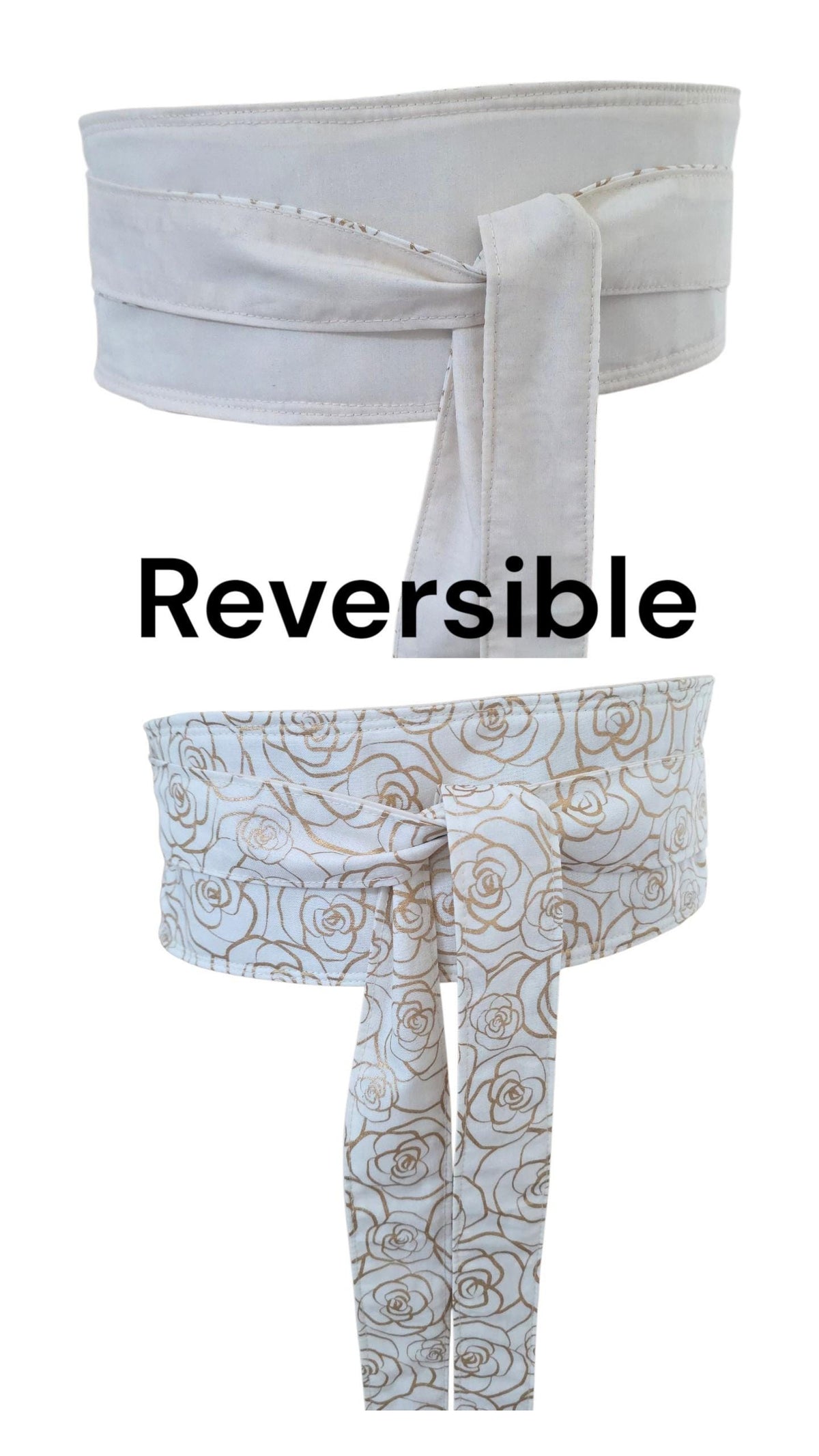 Reversible Gold Rose Floral Obi Belt – Cream Wrap Waist Accessory (Handmade)