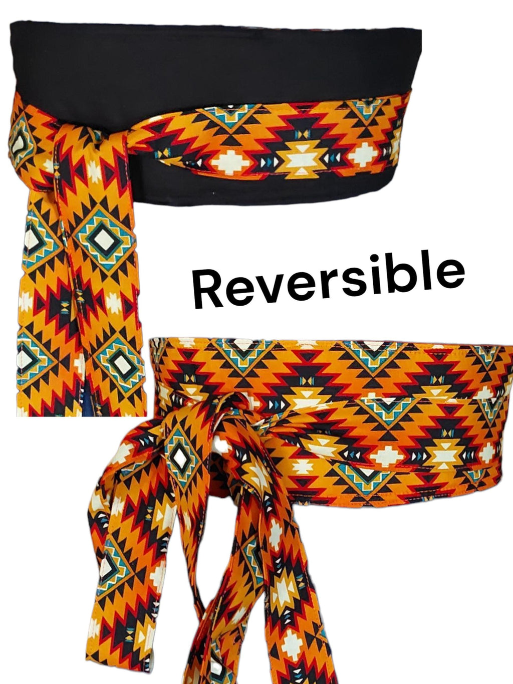 Reversible Aztec Print Obi Belt: Orange or Black Tribal Waist Wrap