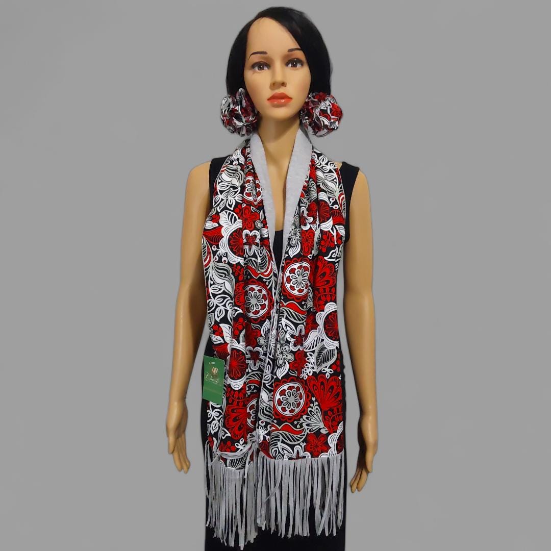 Handmade Floral Scarf: Red White Cotton Blend with Fringe
