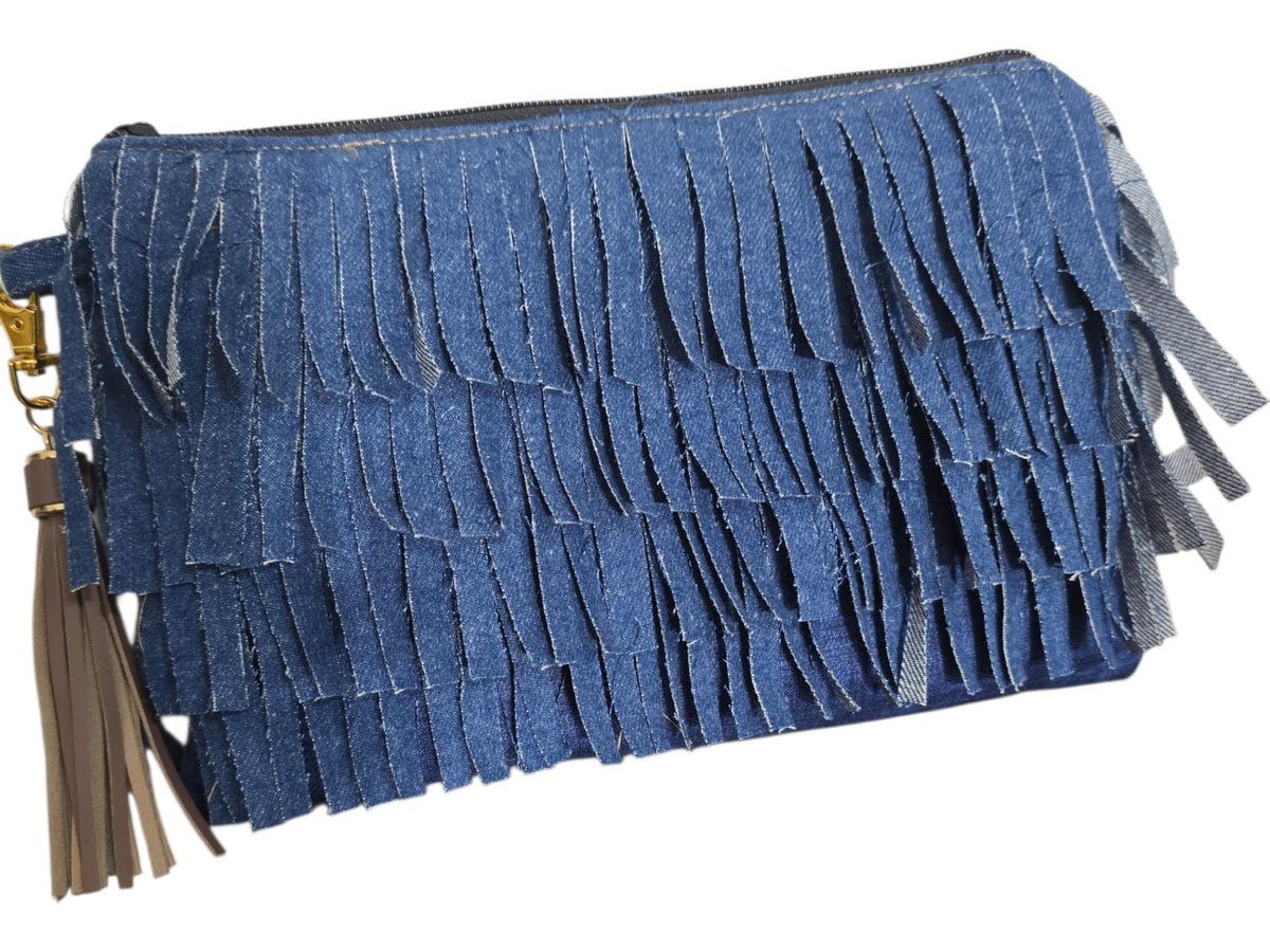 Handcrafted Denim Fringe Zipper Pouch, Boho Wristlet Clutch Bag