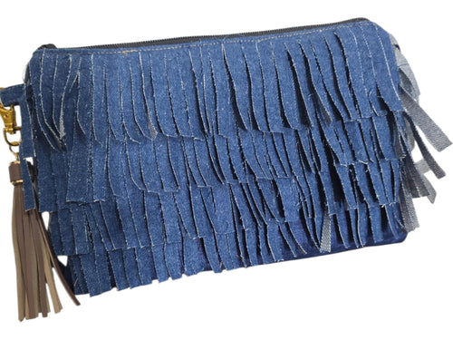 Handcrafted Denim Fringe Zipper Pouch, Boho Wristlet Clutch Bag
