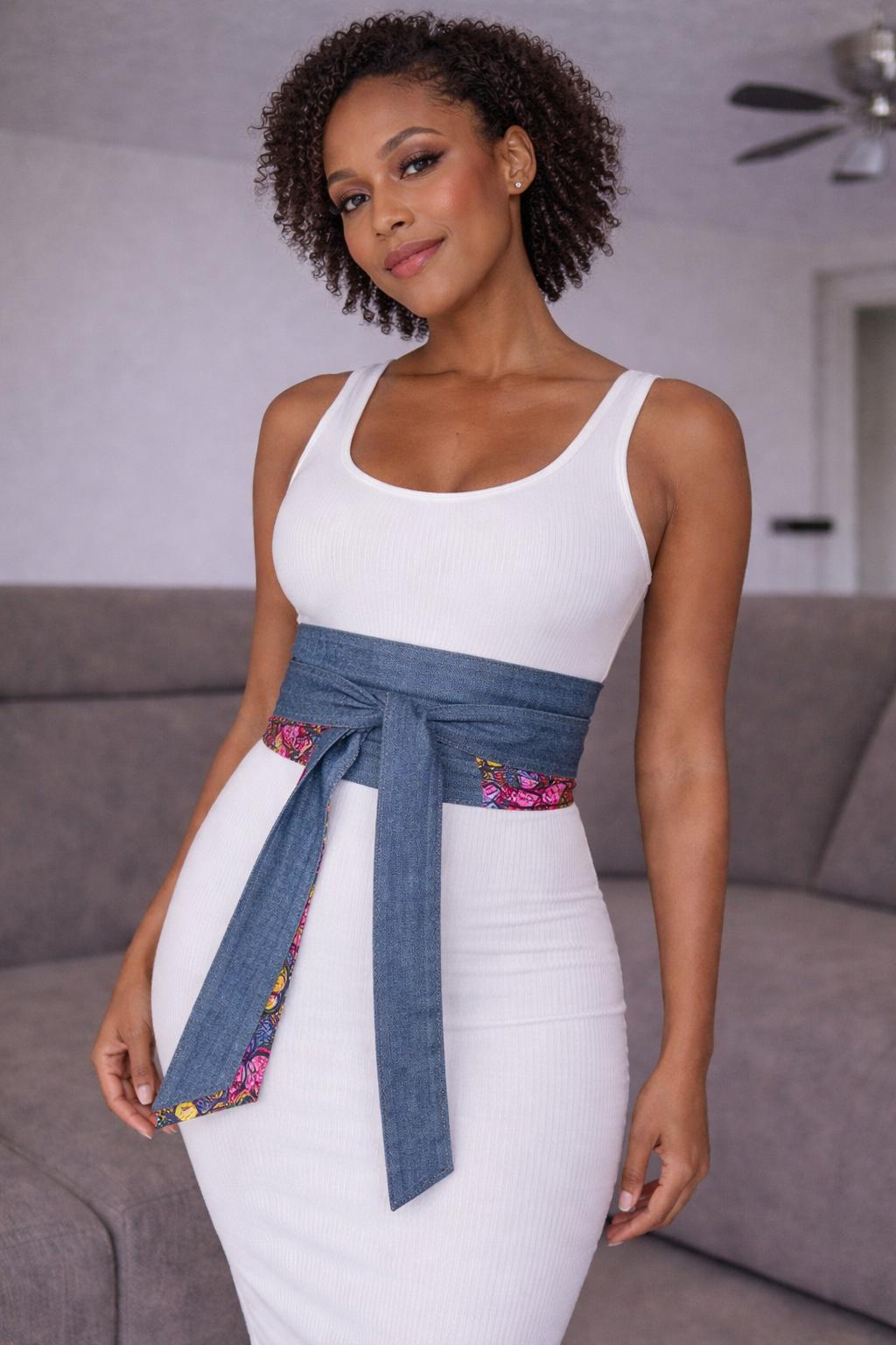 Reversible Denim Obi Belt: African Print Cotton Waist Wrap