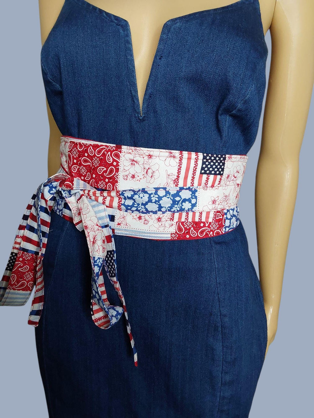Red, White & Blue Patriotic Obi Belt – Handmade Reversible Cotton Wrap Waist Tie