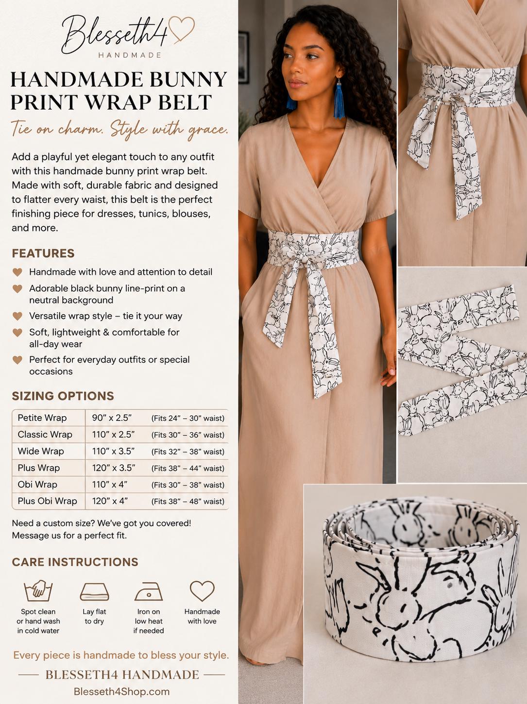 Handmade Cotton Bunny Print Obi Belt | Adjustable Wrap Waist Tie