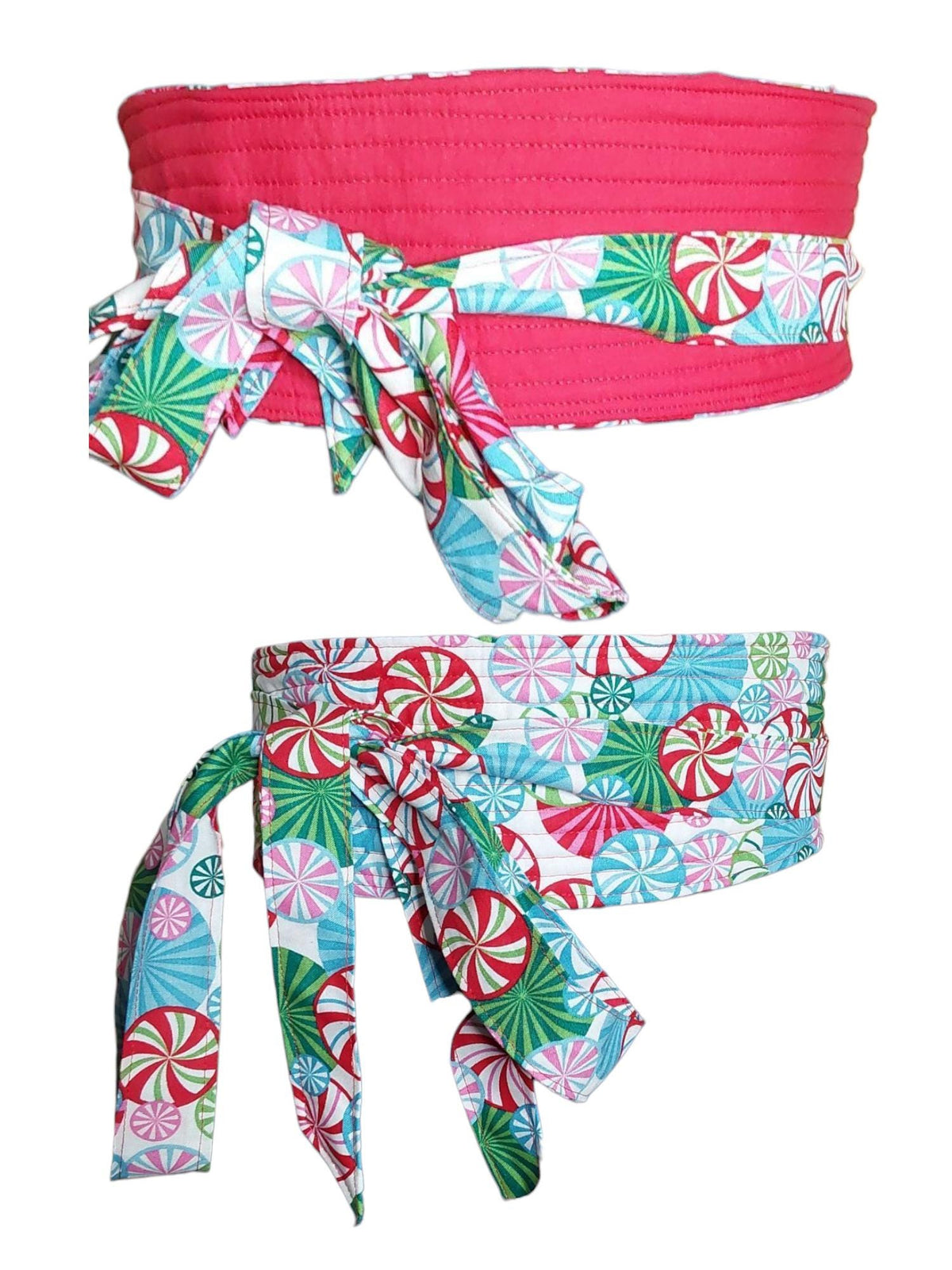Peppermint Swirl Reversible Obi Belt | Festive Wrap Belt | Colorful Cotton Waist Cincher | Handmade