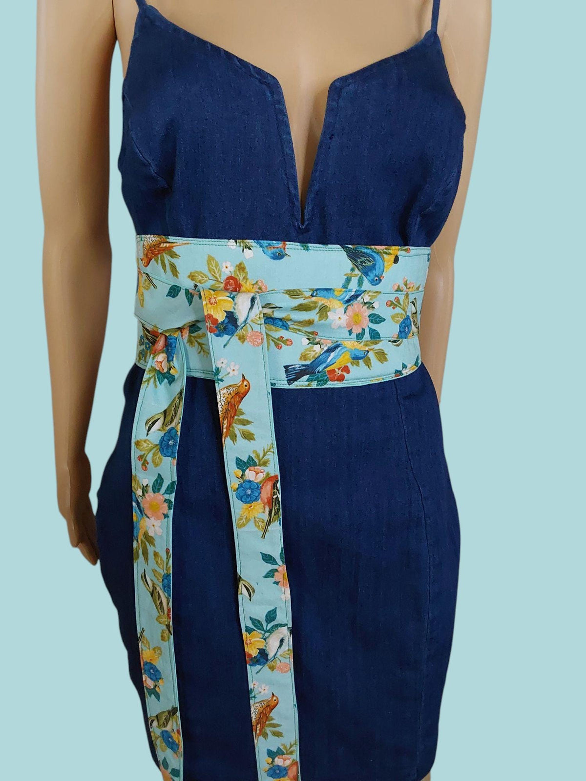Reversible Obi Belt: Handmade Cotton Floral Bird Print Waist Wrap