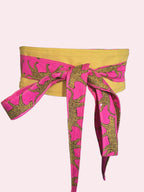 Reversible Obi Belt – Hot Pink Leopard Print with Yellow Back | Handmade Cotton Wrap Belt