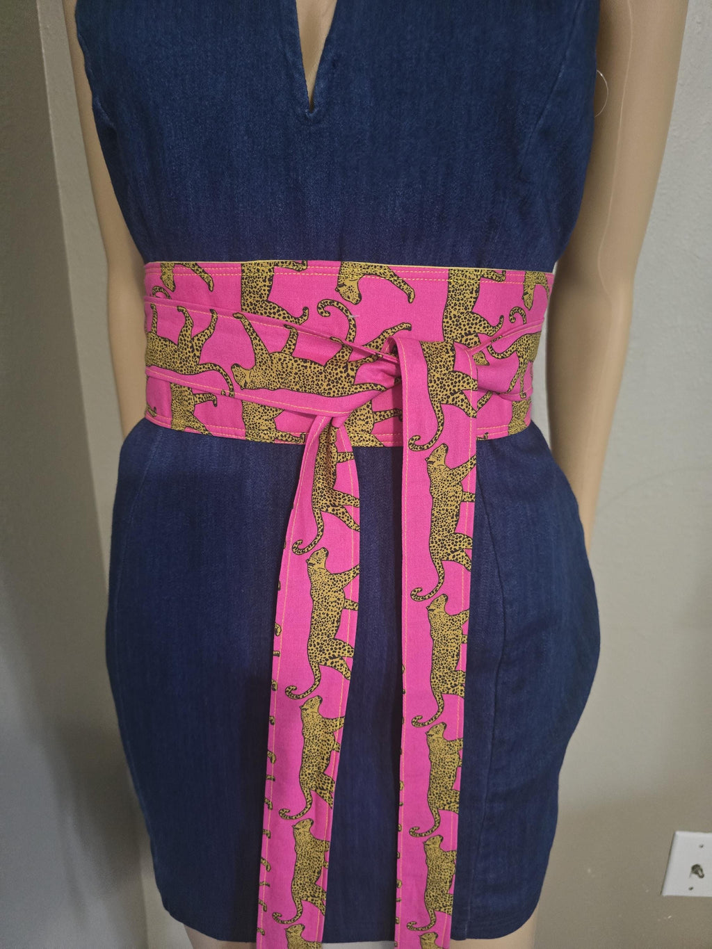 Reversible Obi Belt – Hot Pink Leopard Print with Yellow Back | Handmade Cotton Wrap Belt