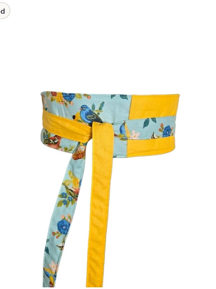 Handmade Reversible Floral Bird Wrap Belt – Mint Green Cotton Accessory